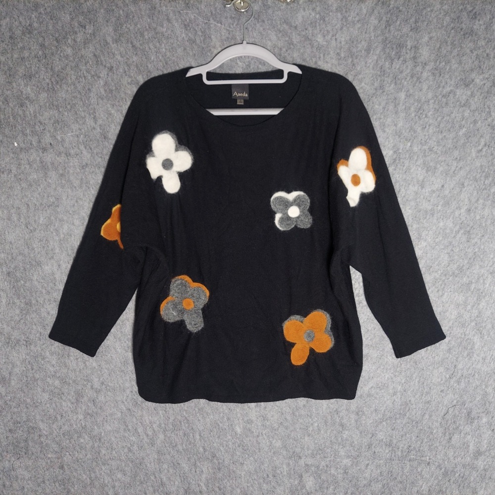 Aaeda Women Sweater L Black Whimsygoth Felted Floral Long Sleeve Crew Neck Mod